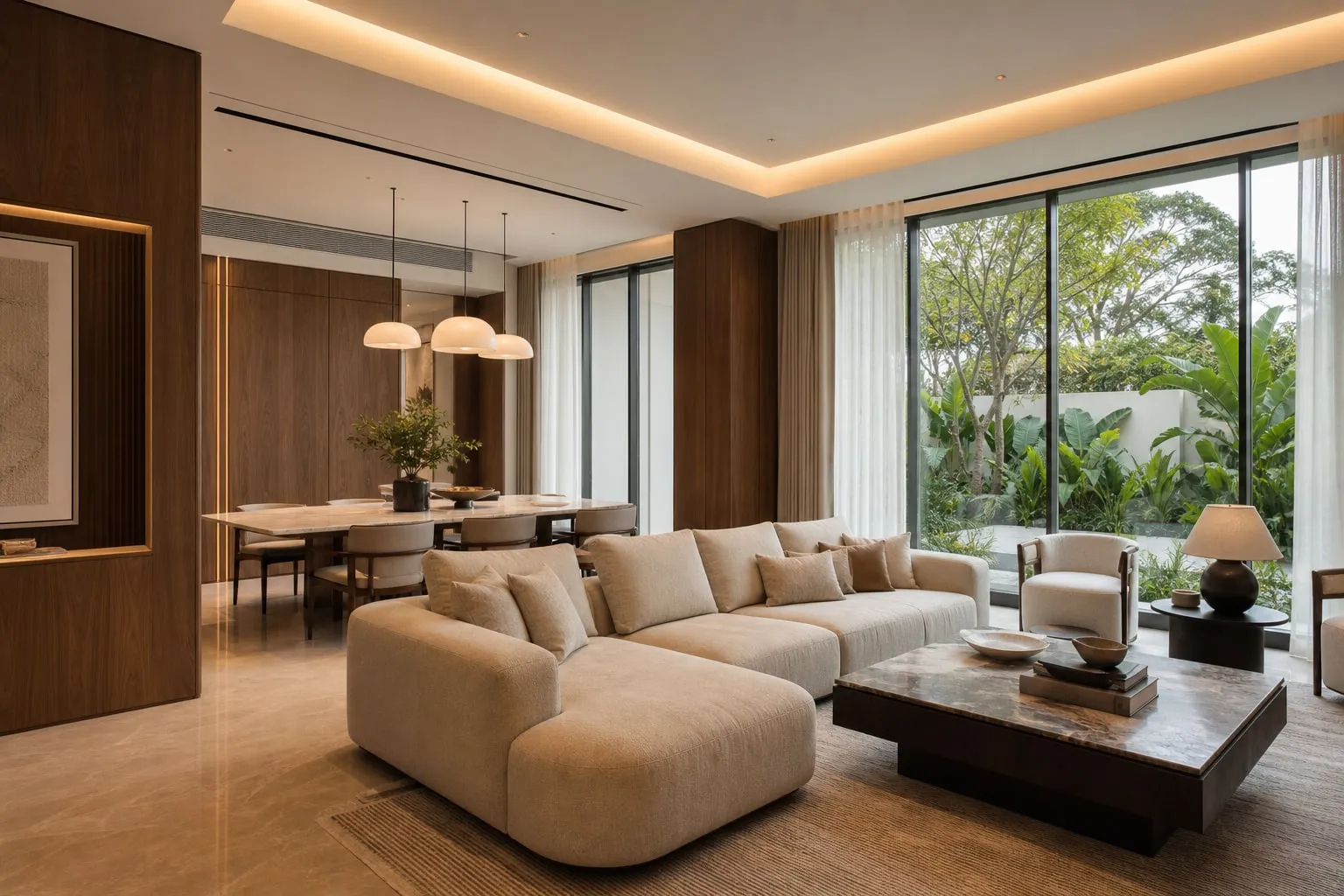 Open-plan living and dining room concept with walnut panelling and garden views