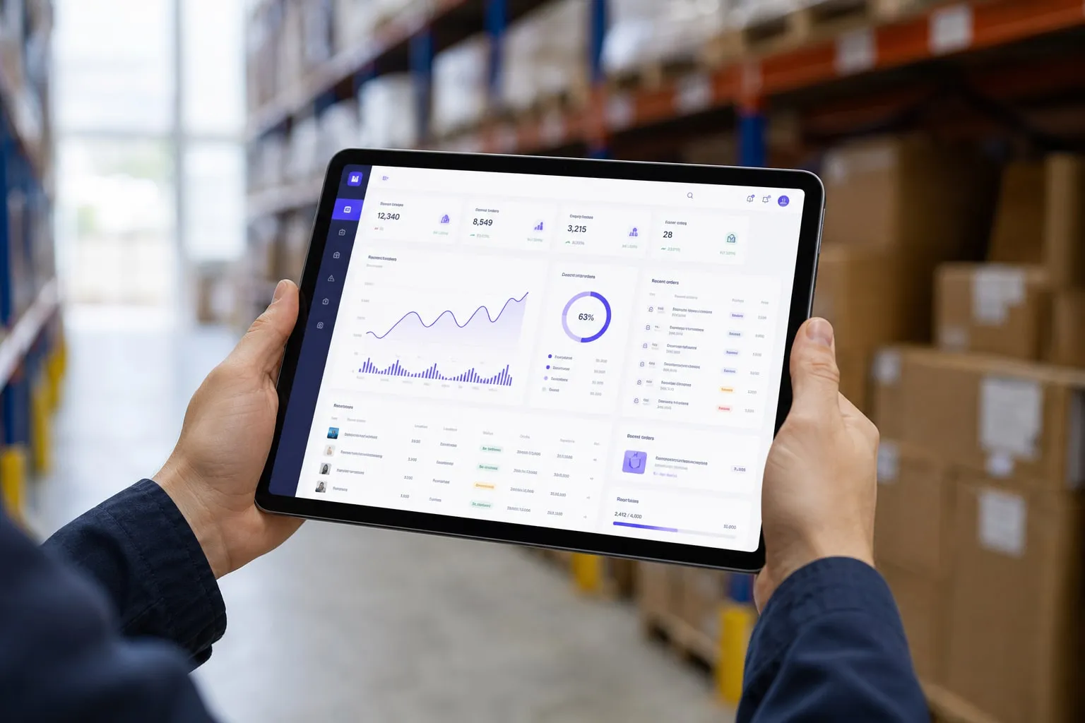 Hands holding a tablet in a warehouse, showing an inventory tracking web app
